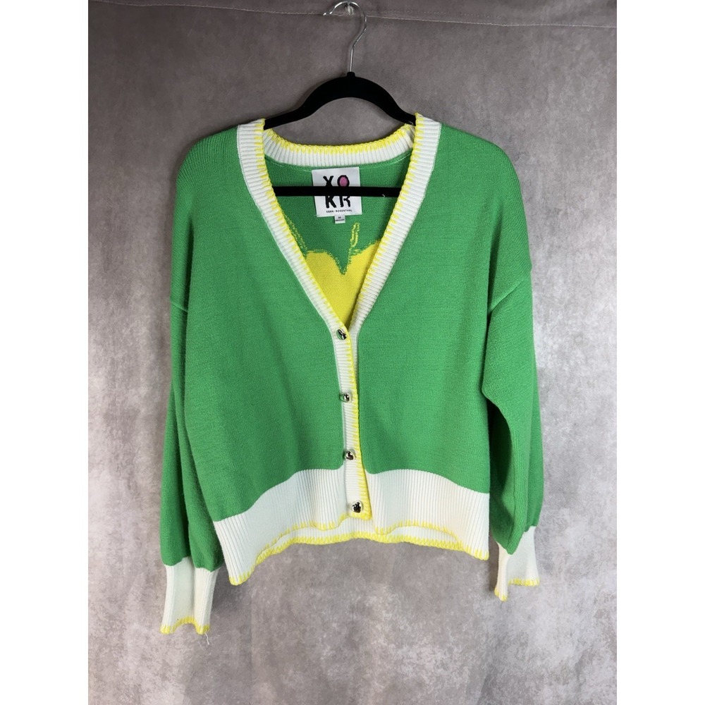 Kerri Rosenthal Heart Sunshine Colorblock Knit Cardigan Sweater In Green Sz M